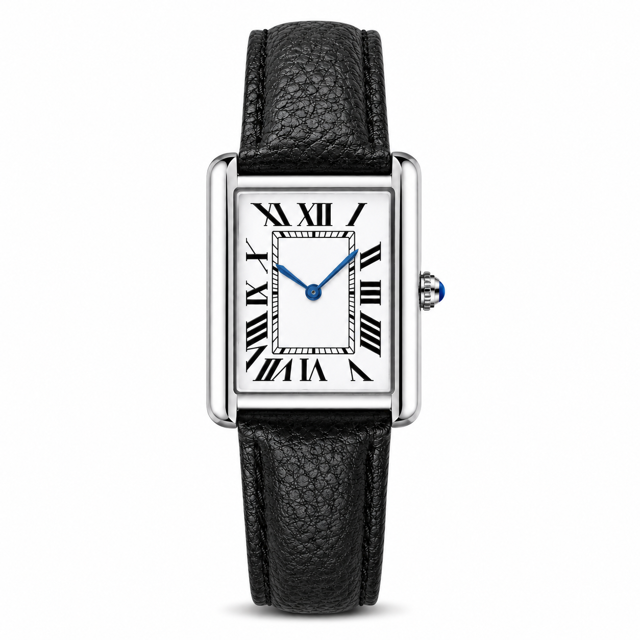 SR Prestige 38mm front view with silver rectangular case and black leather strap