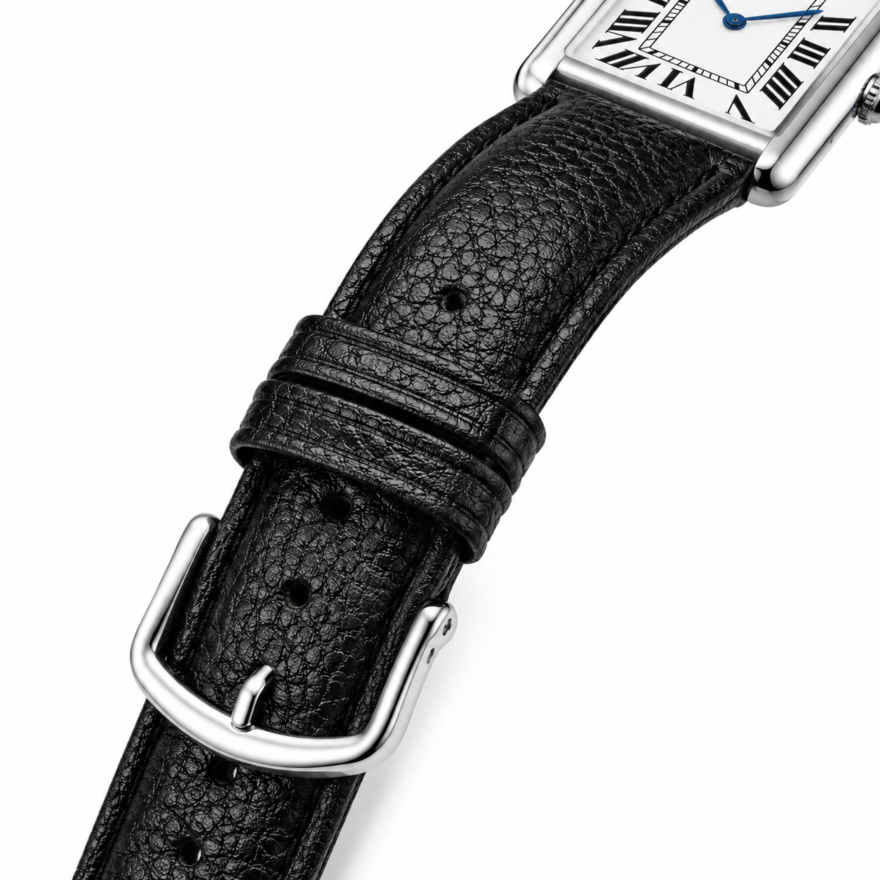 SR Prestige 38mm black leather strap and polished buckle detail